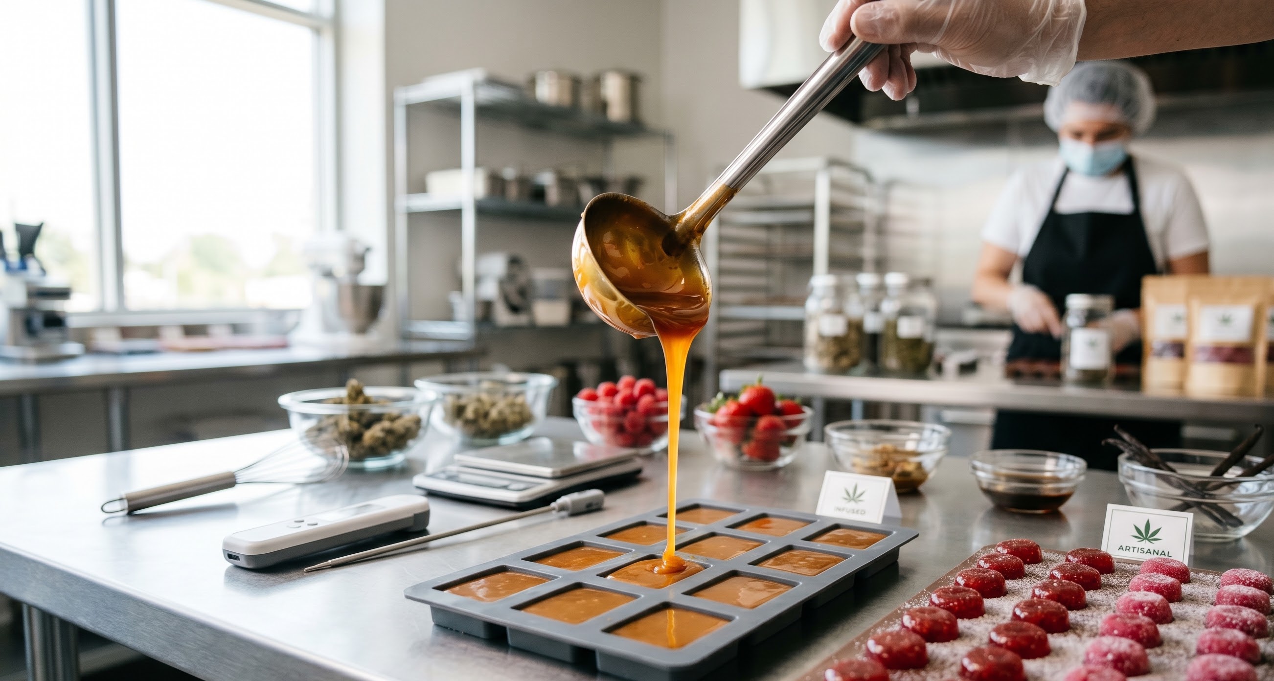 Artisanal cannabis edible production - caramel pouring, fresh ingredients, professional kitchen with INFUSED and ARTISANAL signage